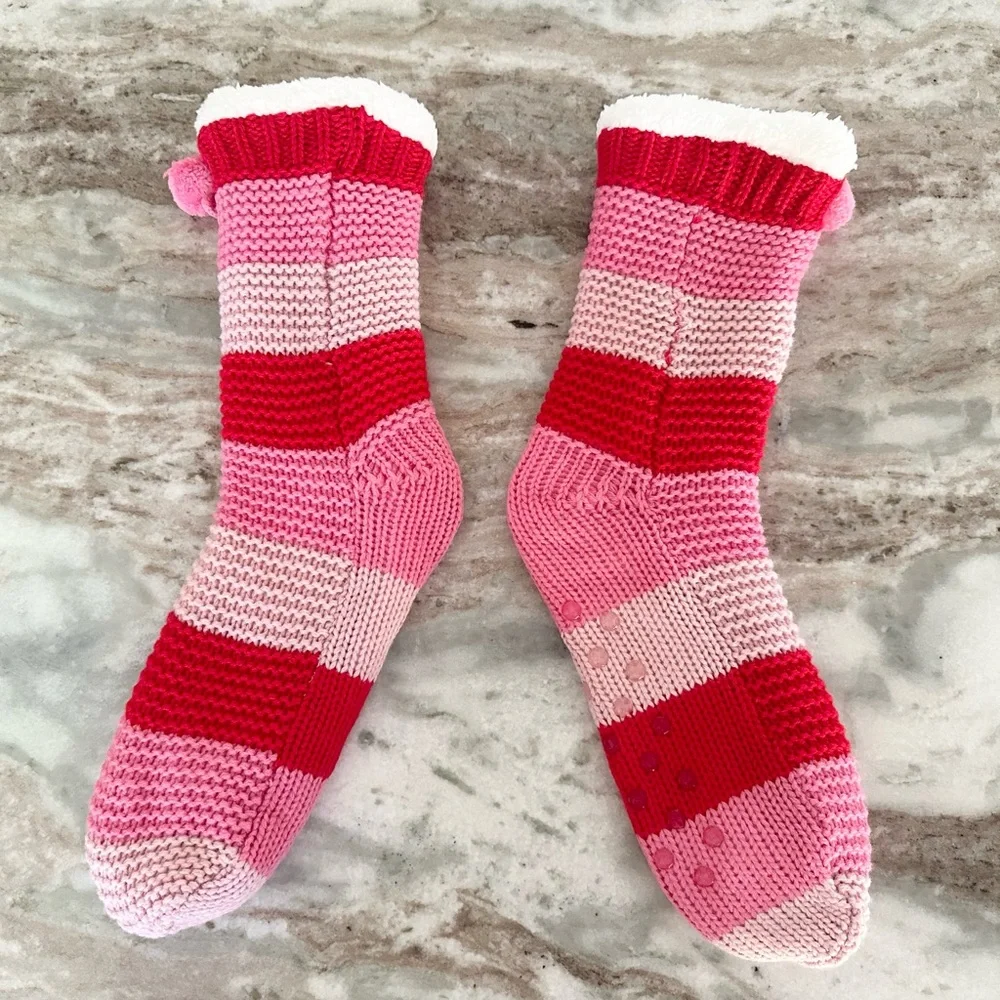 Sherpa Fleece Lined Striped Slipper Socks With Grippers & Pom Pom - Soft & Cozy